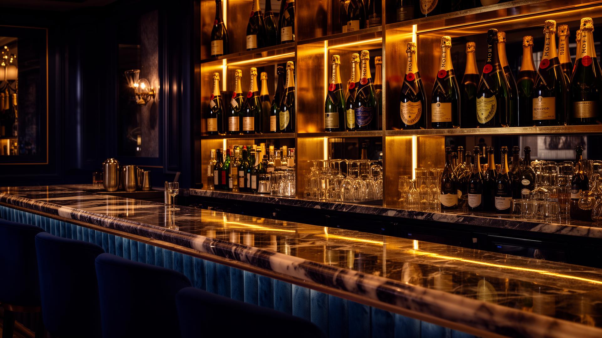 Interior of a premium Barcelona bar with a marble counter and backlit champagne bottles